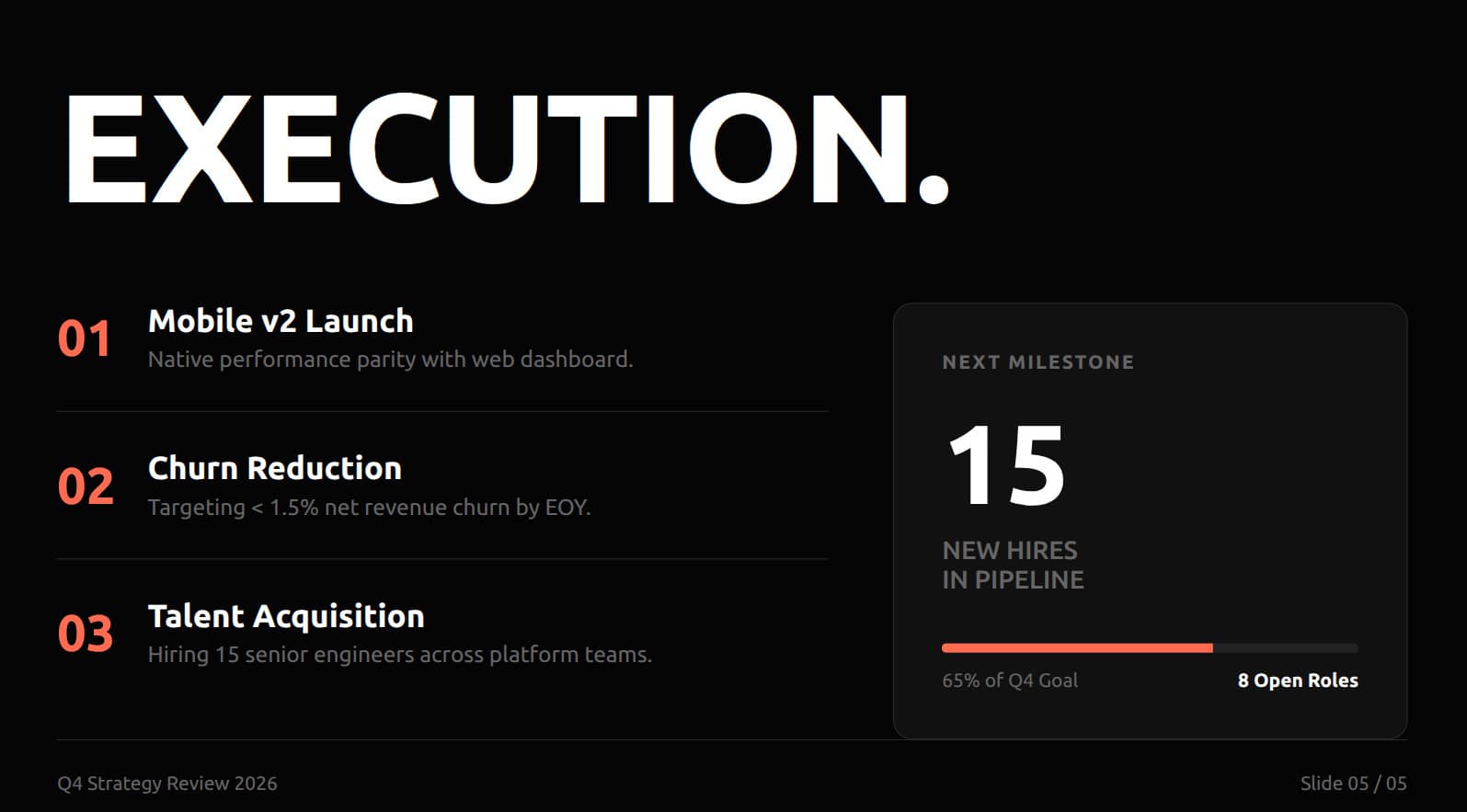 Q4 strategy execution slide with OKR tracking — mobile v2 launch, churn reduction targets, and 15 new hires pipeline