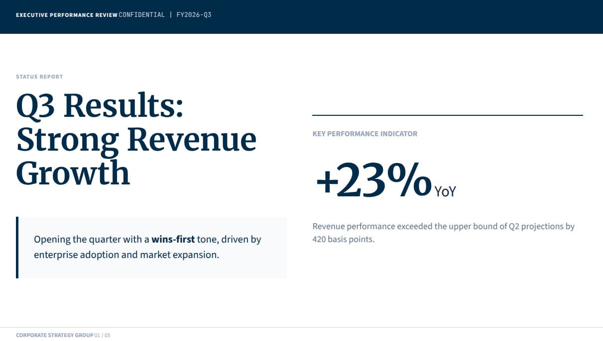 Q3 Results all-hands slides generated from meeting notes — +23% YoY revenue growth with KPI callouts