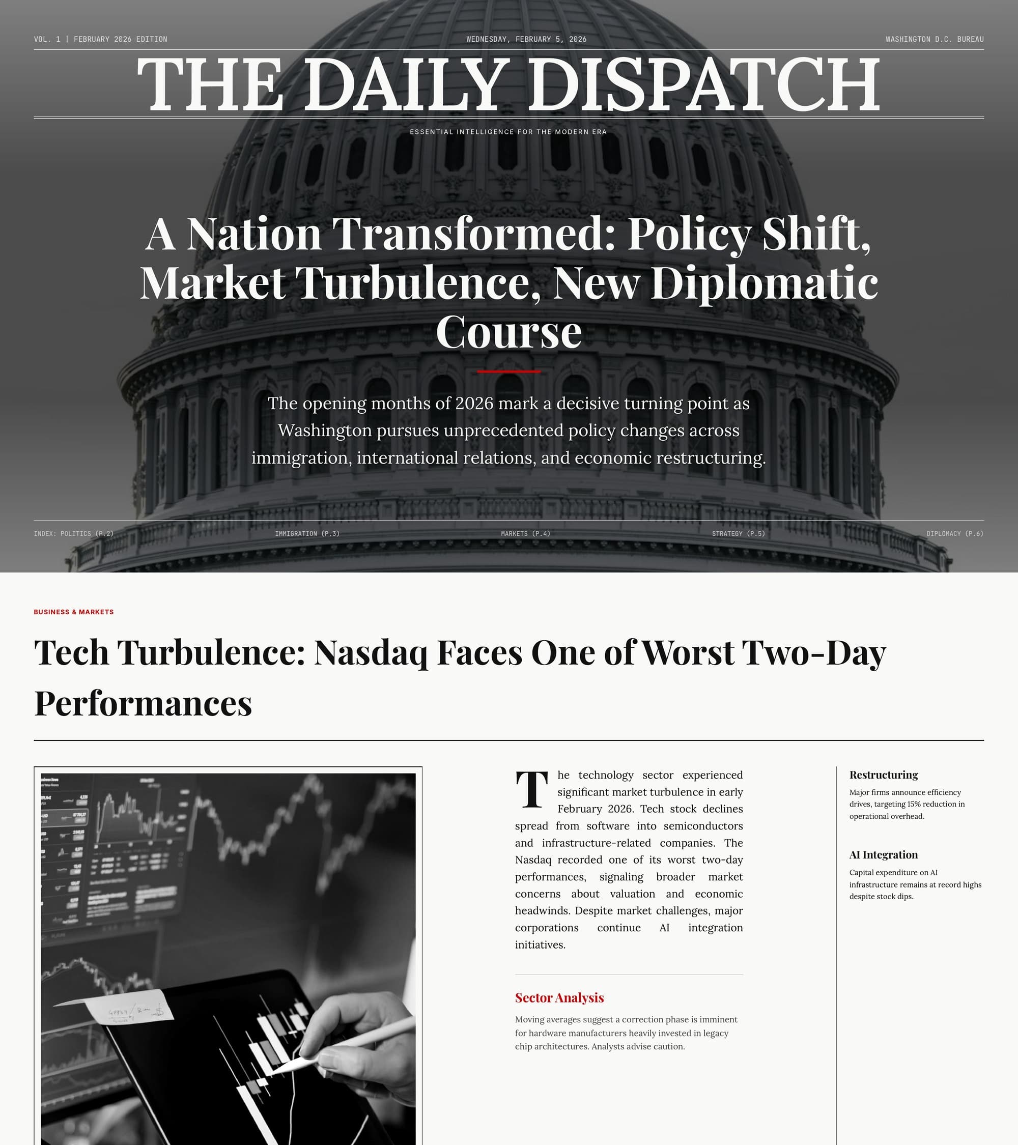 Documento de noticias Daily Dispatch convertido en una presentación visual con tipografía editorial y análisis de mercado por PageOn