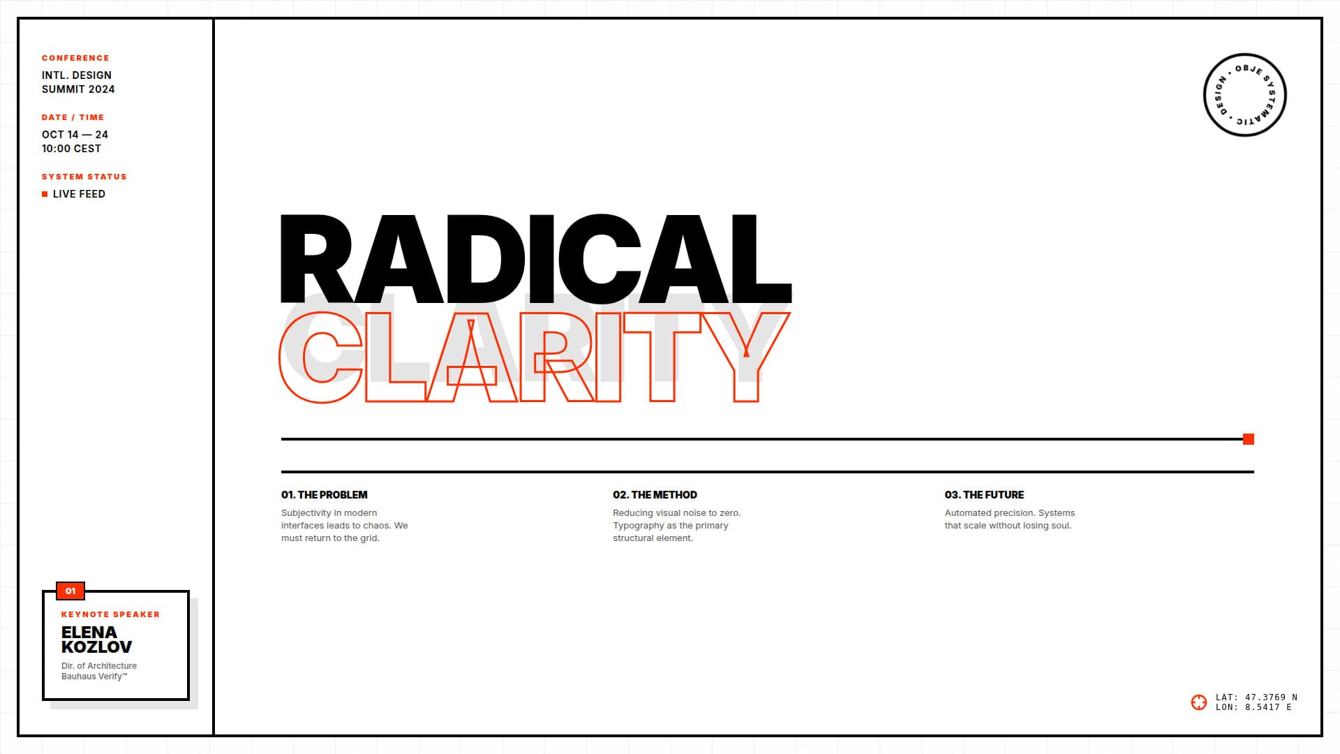 Conference talk opening slide - speaker name and topic - Swiss International style template