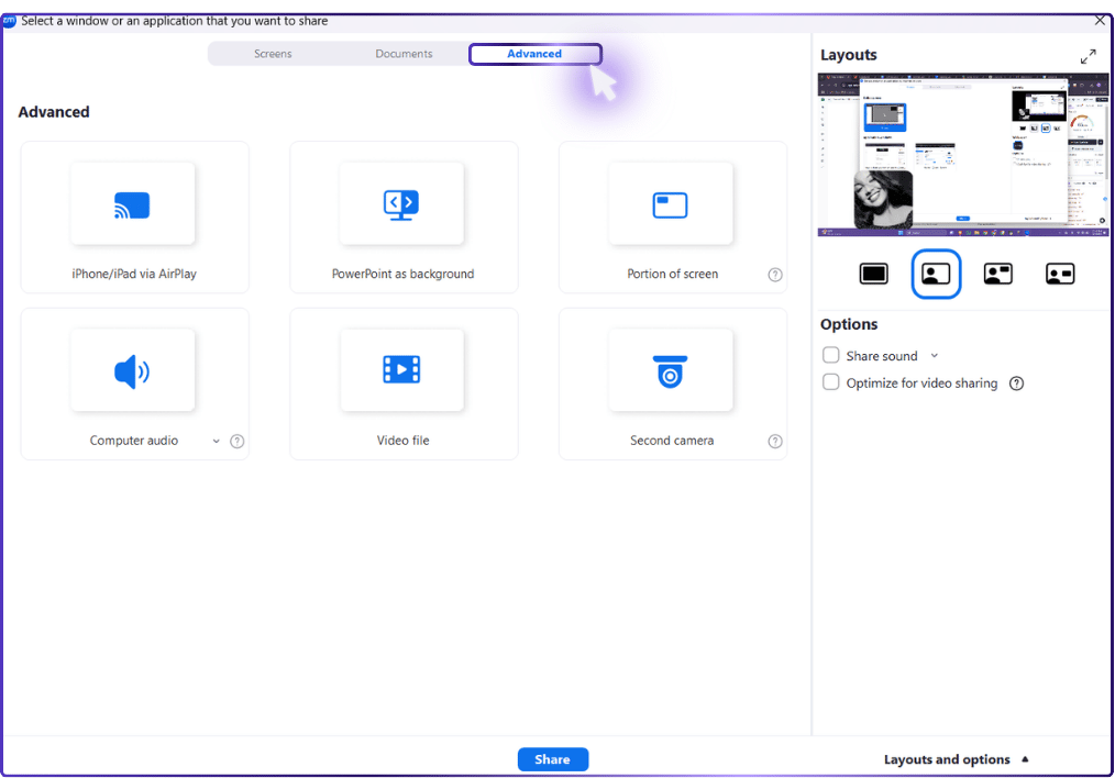 Step-by-step screenshot showing the interface of an AI tool for creating Zoom backgrounds with customization panels visible