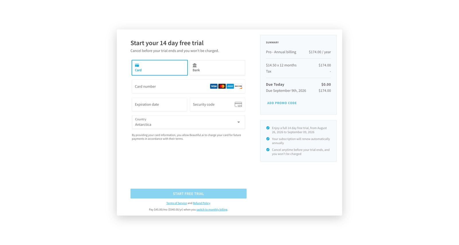 Beautiful.ai requires a credit card before its 14-day trial begins