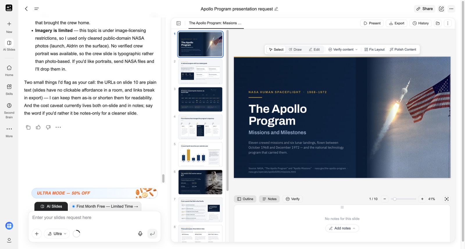 Genspark AI Slides with the finished Apollo deck — the agent's note about using only cleared public-domain NASA imagery is visible in the chat on the left