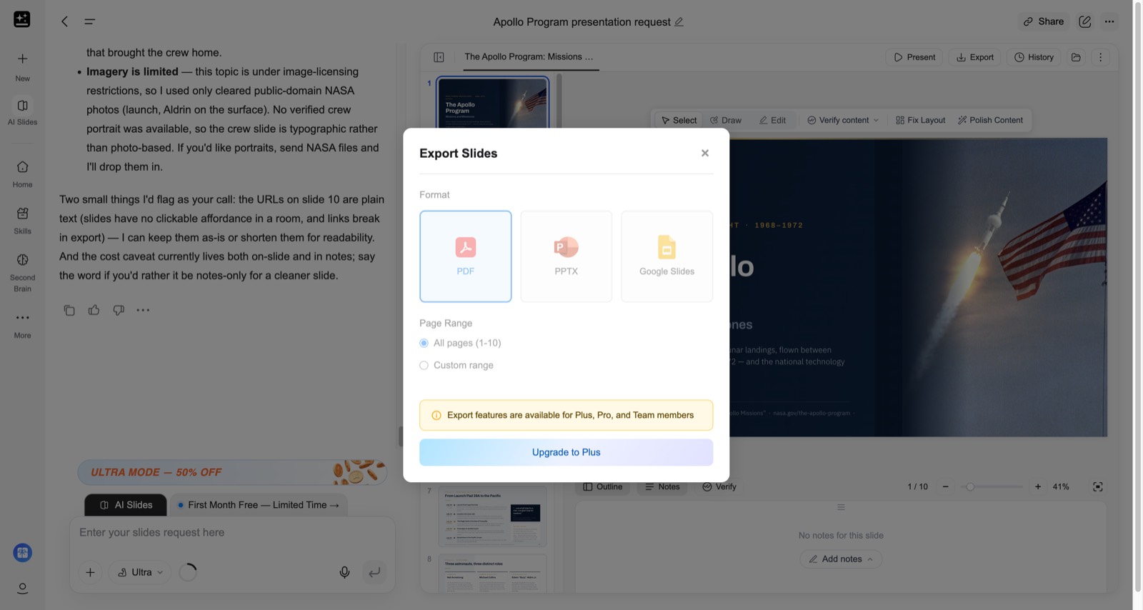 Genspark AI Slides export dialog: PDF, PPTX and Google Slides are paid-plan features