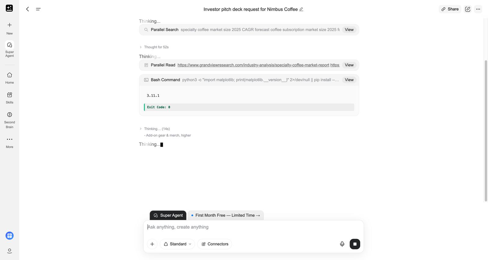 Genspark's agent running parallel searches and reading market research reports mid-generation