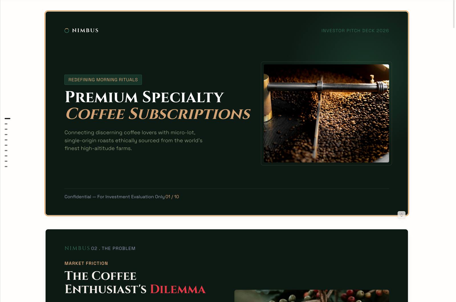 PageOn's finished Nimbus Coffee pitch deck: cover slide with brand-color theme and real photography