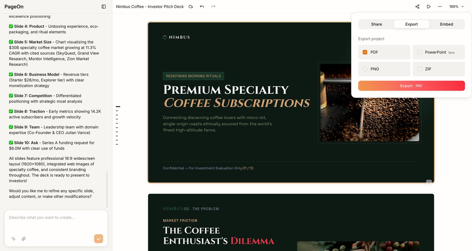 PageOn free plan: sharing a live link is free, file export requires Pro