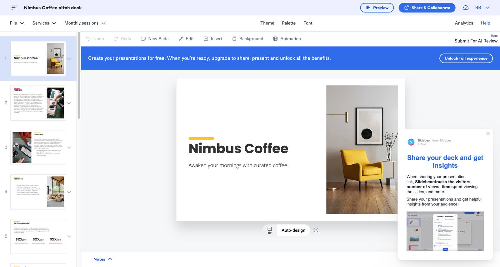 Slidebean's generated deck: template placeholders and lorem ipsum where research should be