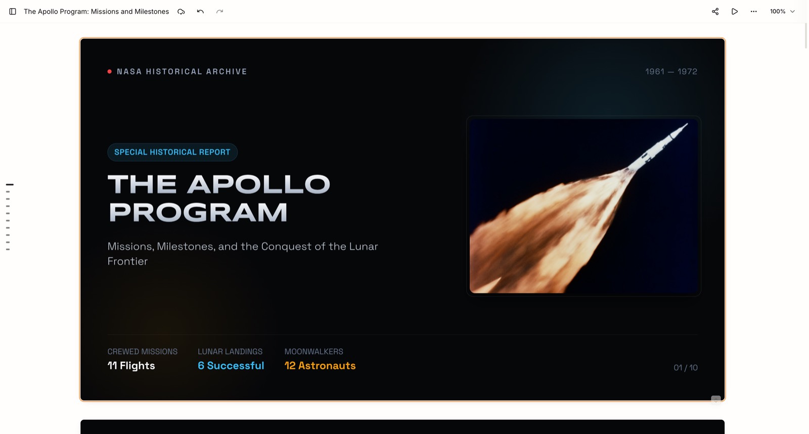 PageOn's finished Apollo deck in the editor: cover slide with correct program statistics — 11 crewed flights, 6 lunar landings, 12 moonwalkers