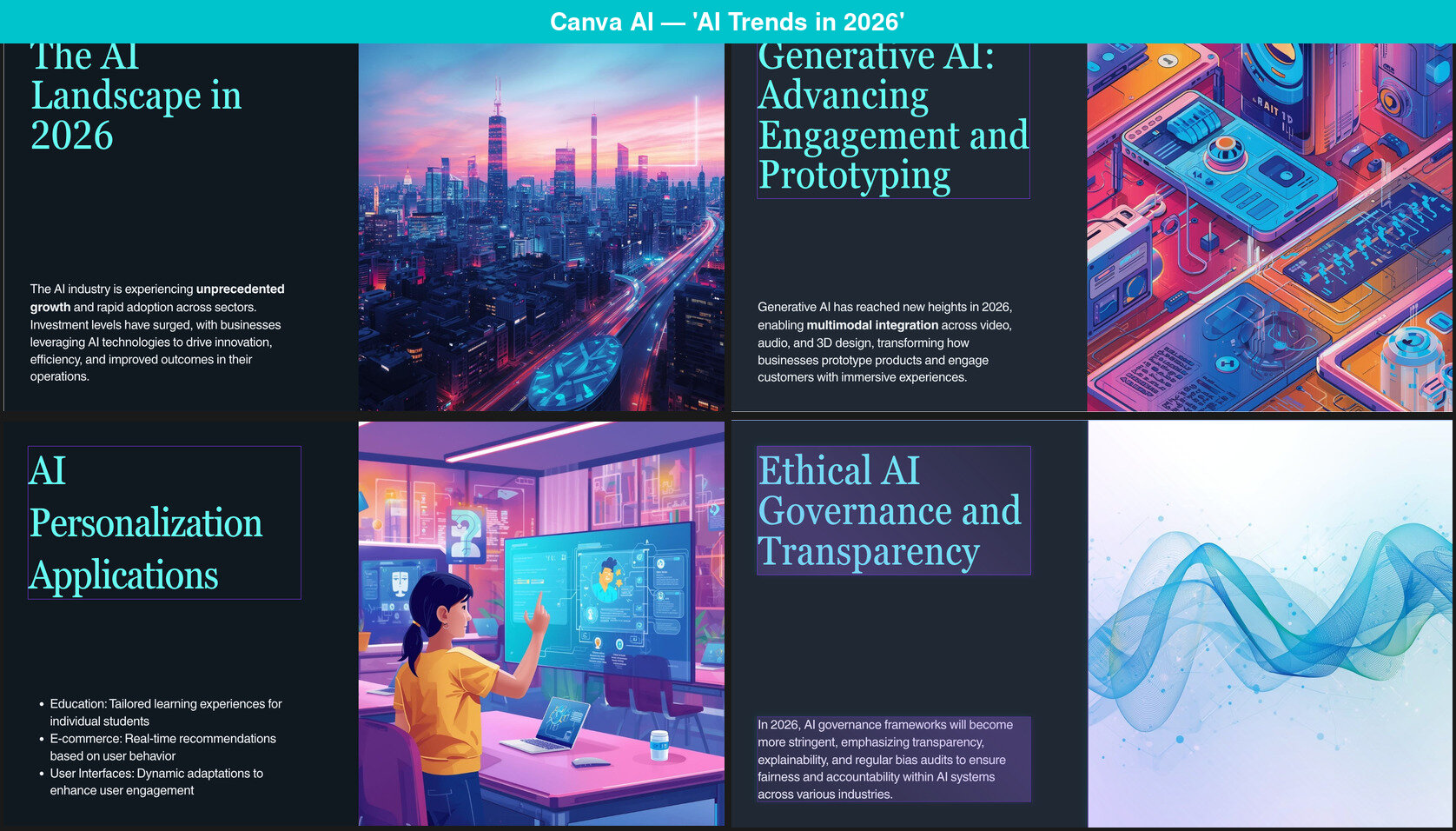 Canva AIの4枚の連続スライド。左にタイトルとテキスト、右に装飾的な画像という同一の2カラムレイアウトを表示