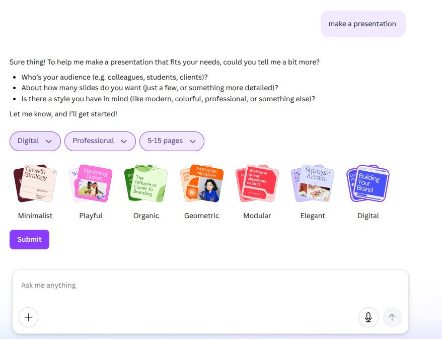 Canva AIの設定パネル。Digitalスタイル、Professionalオーディエンス、5〜15ページのオプション、7つのビジュアルテーマサムネイルを表示