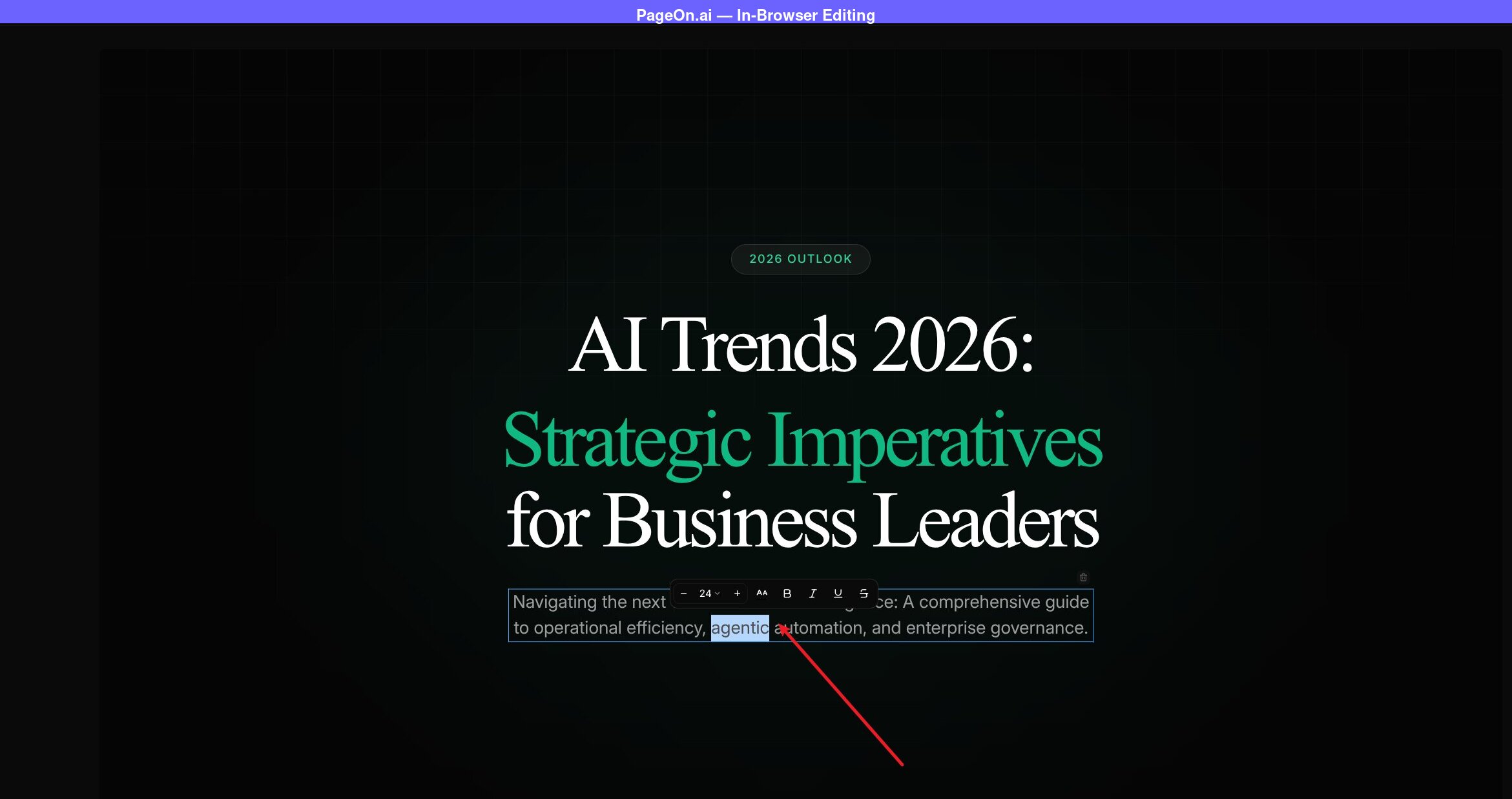 Interface de edição no navegador do PageOn.ai mostrando um elemento de texto sendo editado diretamente no slide de título com uma barra de ferramentas de formatação exibindo opções de tamanho de fonte, negrito, itálico, sublinhado e tachado
