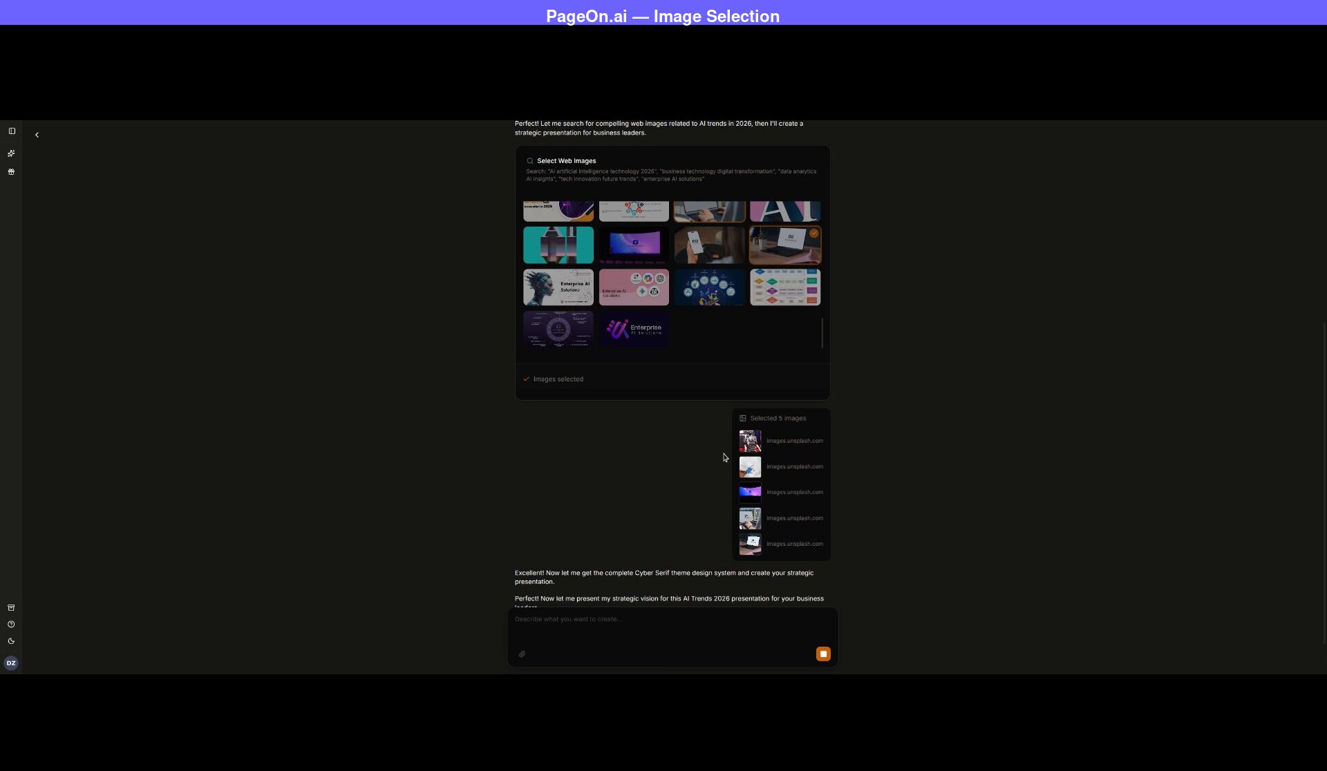 Interface de seleção de imagens da web do PageOn.ai mostrando uma grade de imagens relacionadas a IA pesquisadas na web, com 5 imagens selecionadas listadas à direita mostrando suas fontes do Unsplash, e uma mensagem de confirmação abaixo pronta para criar a apresentação
