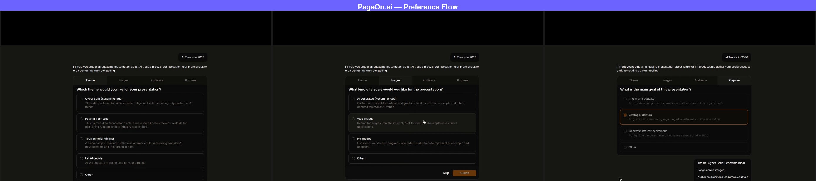 Fluxo de preferências em três etapas do PageOn.ai mostrando a aba Tema com opções como Cyber Serif e Palantir Tech Grid, a aba Imagens com opções de imagens geradas por IA ou imagens da web ou sem imagens, e a aba Propósito com Planejamento estratégico selecionado mais um cartão resumo mostrando as quatro preferências