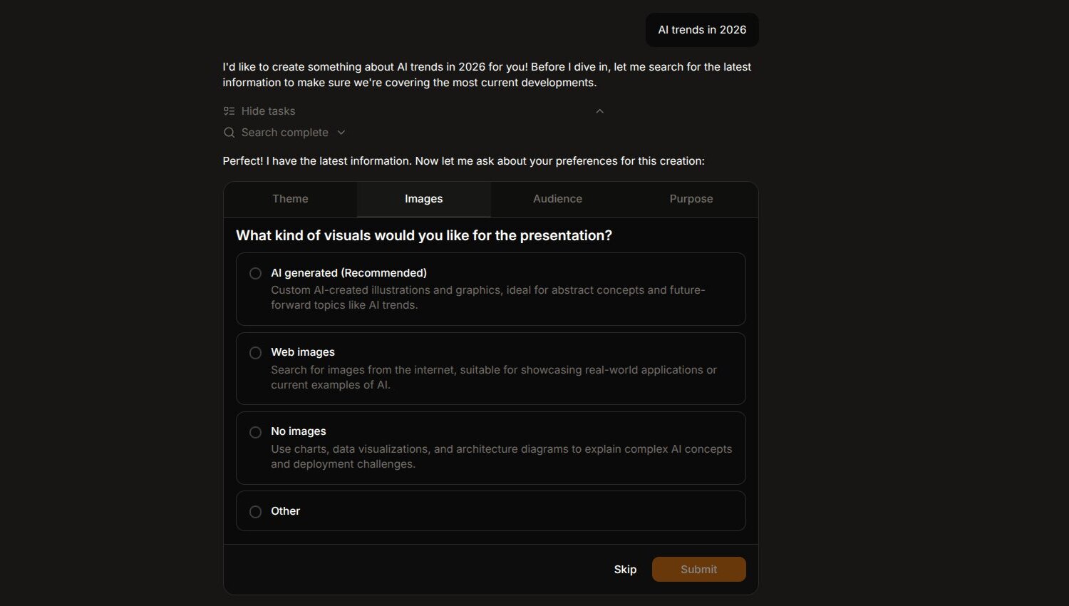 PageOn.ai interface showing single input prompt with automatic web search results and AI-recommended themes